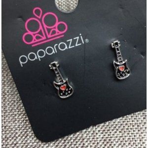 Guitar Heart Stud Earrings Pierced Black Red Silver Rock Roll Punk Goth Emo